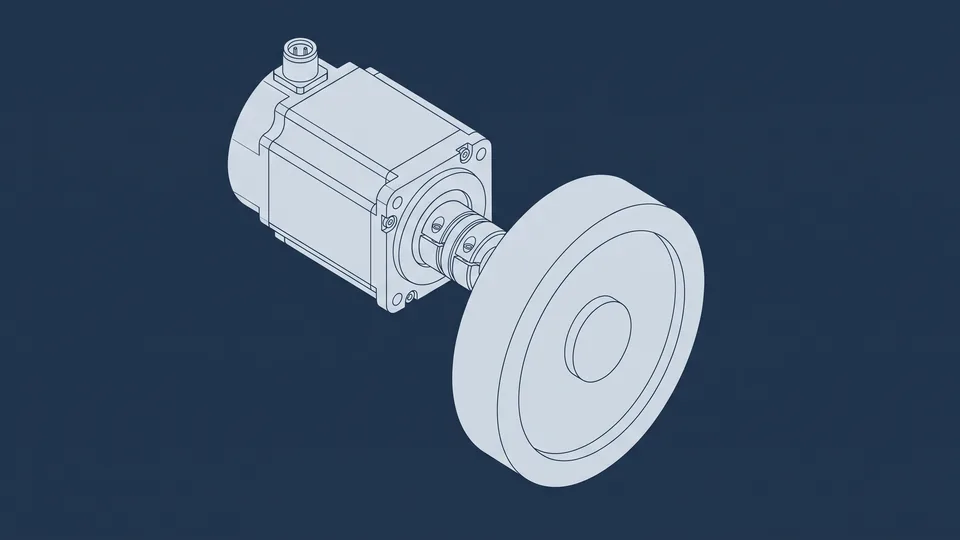 Strichzeichnung: Servomotor, über eine Wellenkupplung mit einer Schwungscheibe verbunden (KI-generiert)