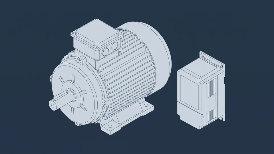 Strichzeichnung: Drehstrommotor mit Kühlrippen neben einem Frequenzumrichter (KI-generiert)