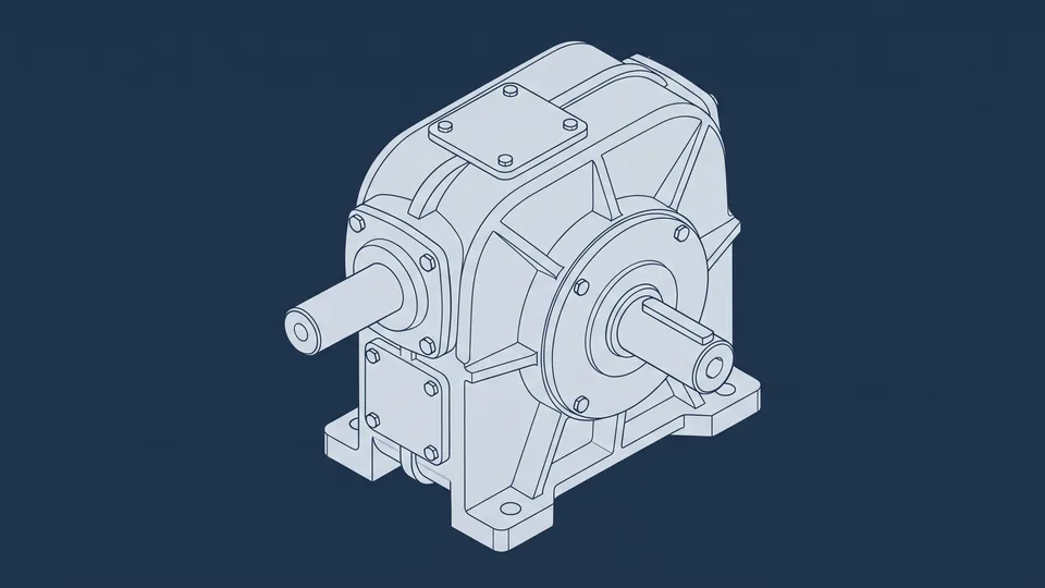 Line drawing: closed right-angle gearbox with input and output shaft (AI-generated)