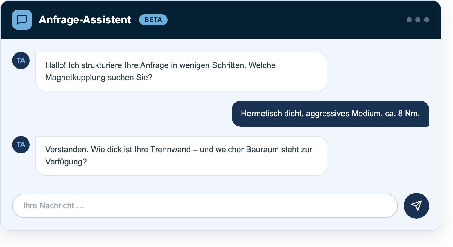 Anfrage-Assistent (Beta) – Beispiel-Dialog